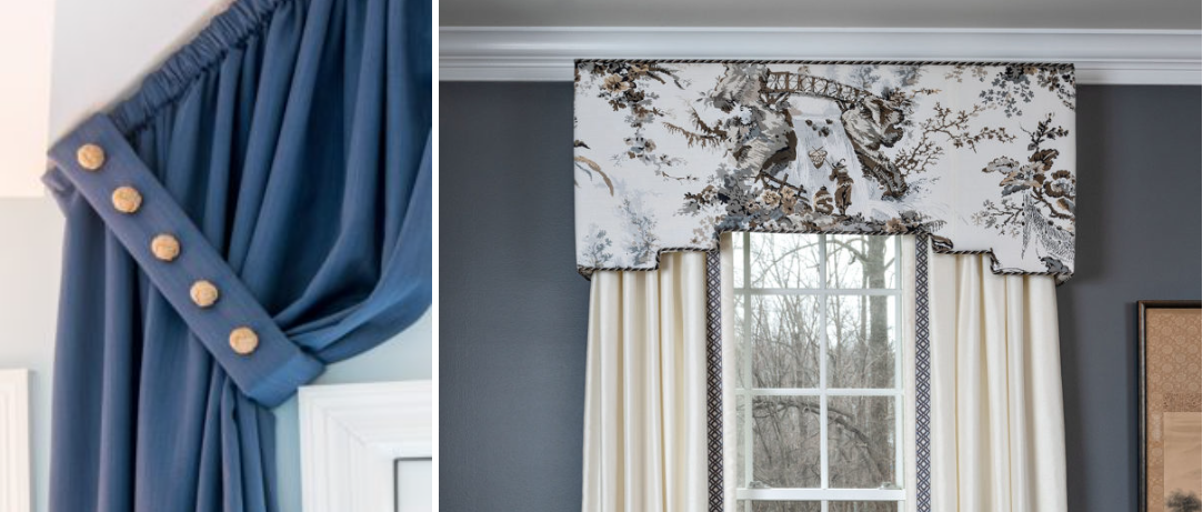 upholstered buttons with tiebacks and shaped cornice with a black and white toile